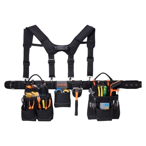 VEVOR Werkzeuggürtel, Handwerkergürtel mit 19 Taschen & Hosenträgern, Werkzeughalter, Hammerhalter für Elektriker, Schreiner & Bauarbeiter, Schürzenorganizer, verstellbar von 800 bis 1310 mm VEVOR Werkzeuggürtel, Handwerkergürtel mit 19 Taschen & Hosenträgern, Werkzeughalter, Hammerhalter für Elektriker, Schreiner & Bauarbeiter, Schürzenorganizer, verstellbar von 800 bis 1310 mm