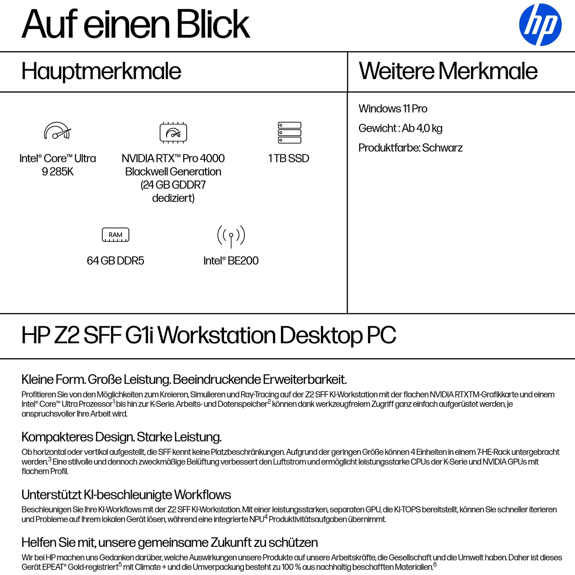 HP Z2 SFF G1i Workstation Desktop PC Intel Core Ultra 9 285K 64 GB DDR5-SDRAM 1 TB SSD NVIDIA RTX PRO 4000 Blackwell Windows 11 Pro Arbeitsstation AI Workstation, AI PC – Bild 3