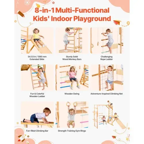 VEVOR Indoor Spielplatz Klettergerüst (8 in 1) aus Holz, 100 kg belastbares Montessori-Kletterspielzeug-Set mit Schaukeln/Klettergerüst/Rutschen/Holzleiter/Strickleiter/Kletternetz/Stange VEVOR Indoor Spielplatz Klettergerüst (8 in 1) aus Holz, 100 kg belastbares Montessori-Kletterspielzeug-Set mit Schaukeln/Klettergerüst/Rutschen/Holzleiter/Strickleiter/Kletternetz/Stange