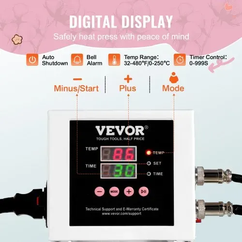 VEVOR Wärmepresse, 15 x 15 Zoll digitale Wärmepresse, herausziehbare Wärmeübertragungsmaschine, schnelles und gleichmäßiges Aufheizen, 2-lagige Isolierbaumwolle, Wärmeübertragungsmaschine für T-Shirts/Kissen/Taschen, Rosa – Bild 3