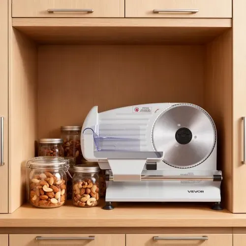 VEVOR Fleischschneidemaschine 200 W, Elektrische Aufschnittmaschine mit zwei 19-cm-SUS420-Klingen und 0–15 mm Schnittdicke, Allesschneider für Gefrorenes Fleisch, Schinken, Baguette, Steak – Bild 7