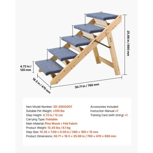 VEVOR Hundetreppe 780x470x660 mm, 5-stufige Hautiertreppe, klappbare Holztreppe geeignet für kleine, mittlere, große, ältere Haustiere sowie Welpen bis 68 kg, Hundeleiter für Betten, Sofas & Autos – Bild 6
