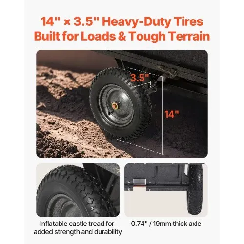 VEVOR Kippanhänger, 226,79 kg Fassungsvermögen, ATV-UTV-Transportanhänger 142x76x70 cm, Kippwagen mit 35,56 cm Reifen, Handzug oder Fußpedal, Hofanhänger für Rasenmähertraktoren – Bild 5