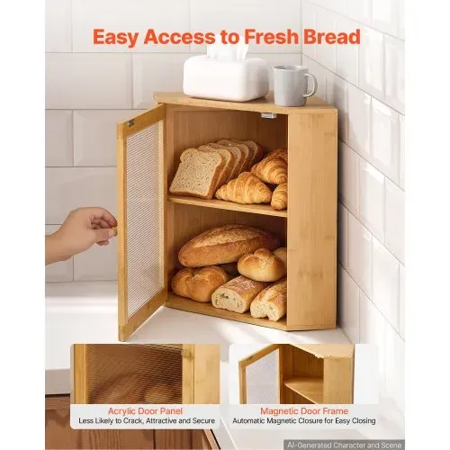 VEVOR Eck-Brotkasten 2 Ebenen Acrylfenster Brotbox 321x321x427mm Bambusholz Ideal für Bagels, Muffins & Selbstgebackenes Brot, Magnetverschluss & 3-Stufig Höhenverstellbarer Einlegeboden, Belüftet – Bild 2