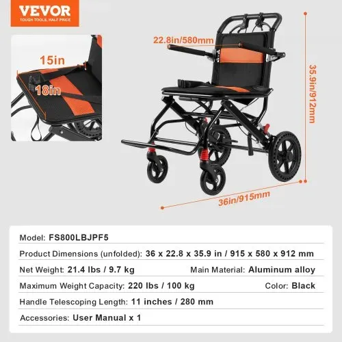 VEVOR-Rollstuhl, ultraleichter Transportstuhl aus Aluminiumlegierung für Erwachsene, faltbarer Rollstuhl mit nach hinten klappbaren Armlehnen in Schreibtischlänge, selbstsperrende Bremse, 18 Zoll breiter Sitz, 220 Pfund Gewichtskapazität – Bild 6