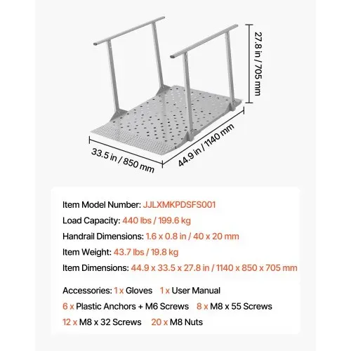 VEVOR Rollstuhlrampe mit Handläufen, 1140x850x705mm Schwellenrampe mit Max. 199,6kg Tragkraft, Rutschfeste Auffahrschiene aus Eisen, Tragbare Auffahrrampe für Scooter Türschwelle Bordsteine Treppen – Bild 6