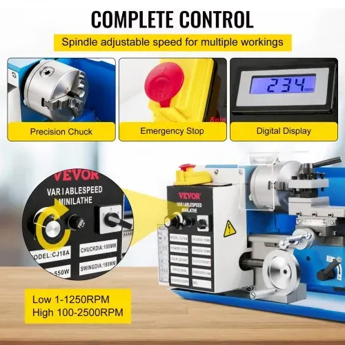 VEVOR Mini Drehmaschine 550 W, Metall Mini Drehmaschine Max. 2500 U / Min, Metallbank Drehmaschine, Metall Mini Drehmaschine, Tischdrehmaschine, Gewinde 12-52 TPI, Mini Drehbank metall, Zubehör Inkl. – Bild 5