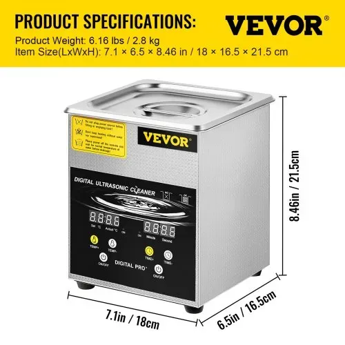 VEVOR 2 L Verbesserter Ultraschallreiniger (100 W Heizung, 60 W Ultraschall) Professioneller digitaler Labor-Ultraschall-Teilereiniger mit Heizungstimer für die Reinigung von Schmuck, Brillenteilen – Bild 6