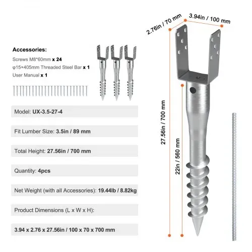 VEVOR U-Pfostenträger 4er-Pack 100 x 70 x 700 mm DIY-Pfostenpfosten zum Einschrauben inkl. 6 Zugankern und einer Bewehrungsstange U-förmiger Pfostenhalter ideal für Briefkastenpfosten und Zaunpfosten – Bild 10