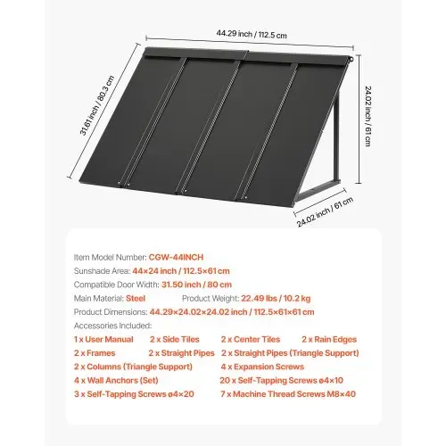 VEVOR Fenstermarkise 112,5x61x61 cm, Türvordach, Markisen, Überdachung mit dreieckigem Stahlrahmen für Türen, Außenregen & Schnee-Sonnenschutz für Türeingänge, Fenster, Veranden, Balkone – Bild 6