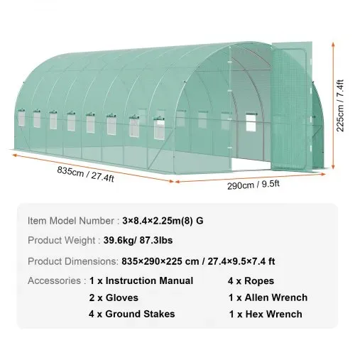 VEVOR begehbares Tunnel-Gewächshaus, 27,4 x 9,5 x 7,4 Fuß Foliengewächshaus-Tunnel, Pflanzen-Gewächshaus mit verzinktem Stahlrahmen, grüner PE-Abdeckung, Schwingtür und 16 Rollfenstern für den Außenbereich – Bild 6