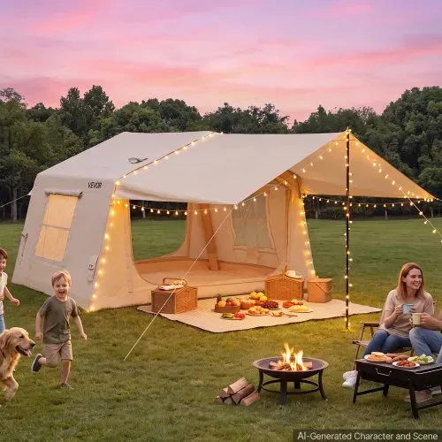 VEVOR Aufblasbares Zelt Luftzelt 3-5 Personen mit Pumpe & Sonnendach Beige, für Outdoor-Aktivität Wasserabweisendes 420D Oxford-Gewebe mit Dachfenster Ofenrohrdurchführung & Netzfenster Windstabil – Bild 7