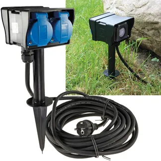 Gartensteckdose mit Erdspieß, 2-fach IP44, 2m Kabel, Zeitschaltuhr Gartensteckdose mit Erdspieß, 2-fach IP44, 2m Kabel, Zeitschaltuhr