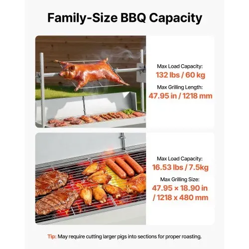 VEVOR Drehspießgrill 38 W Spanferkelgrill Lammgrill Holzkohlegrill (1218 mm Grilllänge) mit 60 kg Tragkraft & Rädern & 4-facher Höhenverstellung & Schutzblech, Elektrogrill-Set für Camping – Bild 2