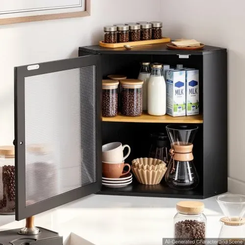 VEVOR Eck-Brotkasten Acrylfenster Brotbox 321x321x427 mm Bambusholz Schwarz Ideal für Bagels, Muffins & Selbstgebackenes Brot, Magnetverschluss & 3-Stufig Höhenverstellbarer Einlegeboden, Belüftet – Bild 7