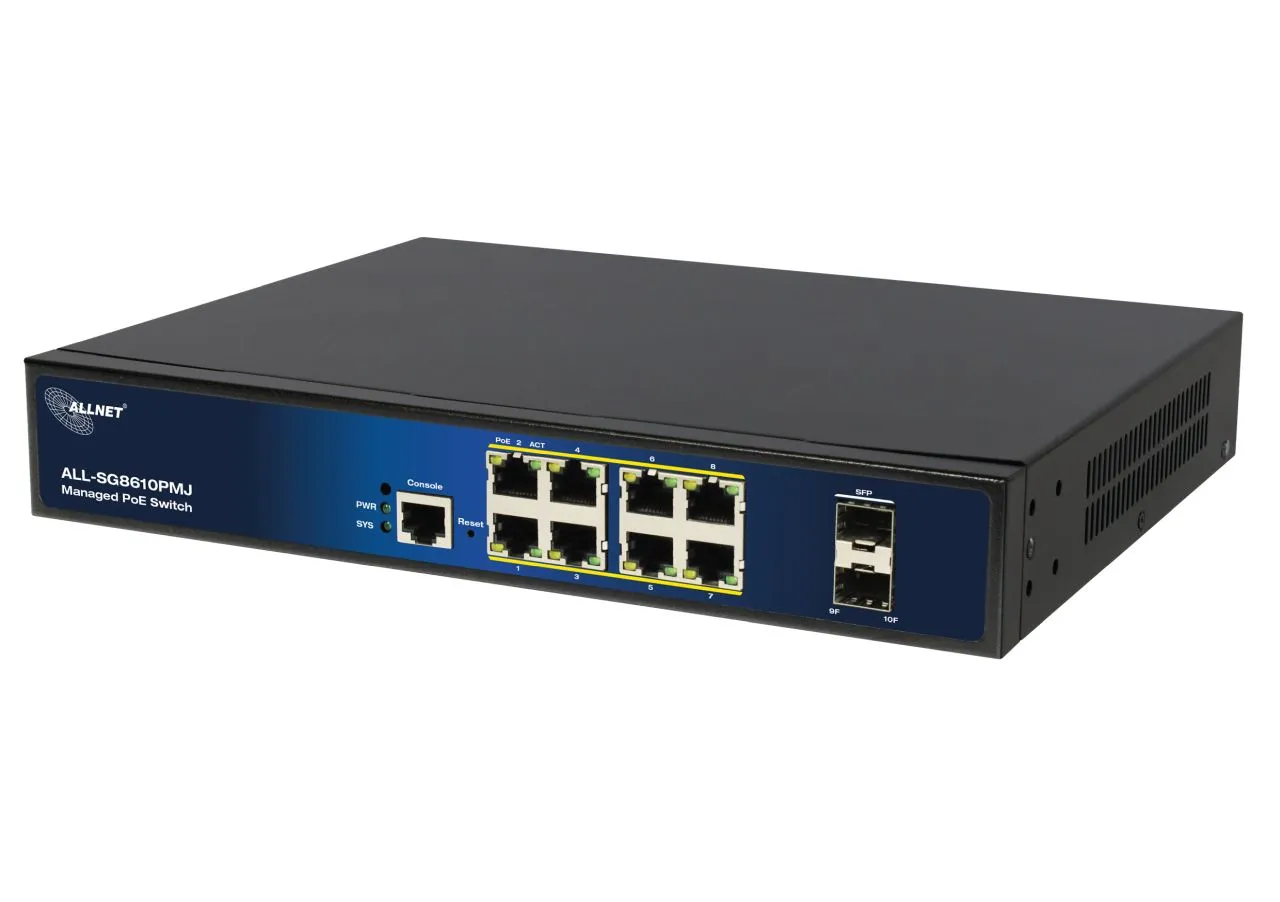ALLNET Switch full managed Layer2+ 10 Port • 8x GbE • PoE Budget 130W • 8x PoE at • 2x SFP • 19″ • Lüfterlos • JSON API • ALL-SG8610PMJ ALLNET Switch full managed Layer2+ 10 Port • 8x GbE • PoE Budget 130W • 8x PoE at • 2x SFP • 19″ • Lüfterlos • JSON API • ALL-SG8610PMJ
