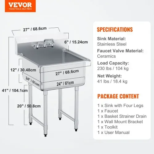 VEVOR Edelstahl Spültisch Gewerbliche Spülbecken 686 x 610 x 1041 mm, Spülbecken Edelstahl mit Wasserhahn 104 kg Tragfähigkeit, Edelstahlspüle Spülbecken Waschbecken Küche Freistehendes Spülbecken – Bild 6