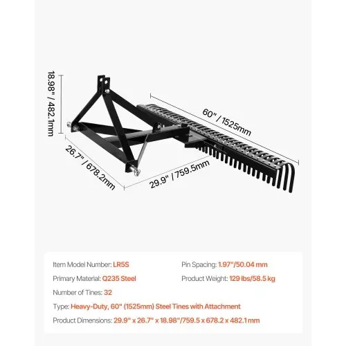 VEVOR Vertikutierer, 1525 mm Arbeitsbreite, Rasentraktor Rechen mit 32 robusten Stahlzinken, Traktor-kompatibler Dreipunkt-Gartenrechen, Rasenlüfter ideal für Bodenbearbeitung & Rasenpflege – Bild 6