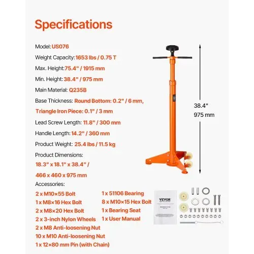 VEVOR Unterlift-Stützständer 0,75 t Unterhubwagen-Stützständer mit Hebehöhen 975-1915 mm & lagermontierter Drehgriff & selbstsichernde Gewindeschraube & zwei Rädern & Stützfahrzeugkomponenten – Bild 6