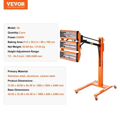 VEVOR Infrarot-Härtungslampe, 3300 W, 1–60 Min. Zeiteinstellung, Auto-Härtungslampe mit automatischer Heizung und Halterung, 8,61 Quadratfuß Backbereich, Sprühbackkabinen-Heizungen, Lacktrockner – Bild 6
