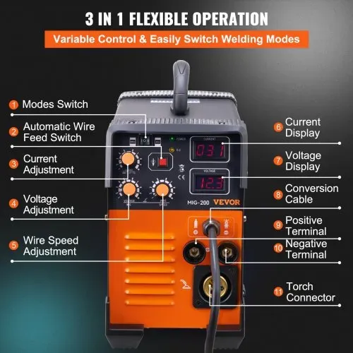 VEVOR MIG/MMA/LIFT TIG 3 in 1 Schweißgerät 30-200 A Fülldrahtschweißen( 0,8 mm & 1 mm) IGBT-Technologie 2,2-12 m/min Drahtgeschwindigkeit 200 A bei – Bild 4