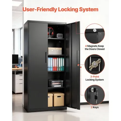 VEVOR Aktenschrank 80x40x175 cm, Abschließbarer Stahl-Mehrzweckschrank mit 4 verstellbaren Einlegeböden, 2 Magnettüren, 2 Schlüsseln & 5 Ebenen, für Lager, Keller, Waschküche, Büro, Schwarz – Bild 5