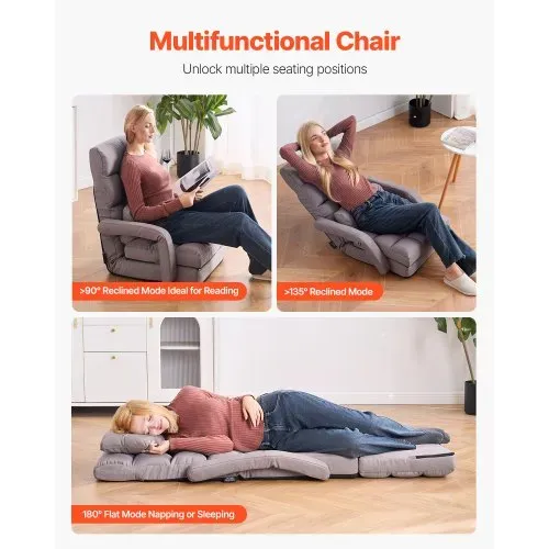 VEVOR Bodenstuhl Boden-Gaming Stuhl mit 5 einstellbaren Positionen & Rückenlehne, klappbarer Sofastuhl mit Armlehne für Erwachsene, Sofa-Liegebett mit Rückenkissen für Schlafzimmer, Grau – Bild 5
