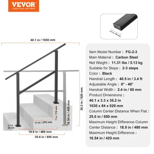VEVOR Handlauf 103 cm, Treppengeländer-Set für 2–3 Stufen, schwarzes Vierkantrohr mit horizontaler Stange, Stützgeländer aus Karbonstahl für Senioren, Beton- & Decktreppen – Bild 6
