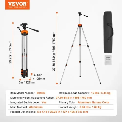VEVOR Laser-Wasserwaagen-Stativ, ¼ x 20 Gewindehalterung, 27,36-68,11 Zoll Höhenverstellung mit integrierter Wasserwaage, leichter Laserscanner-Stativständer, einziehbare Beine, Aluminium-Stativ für stabile Messungen – Bild 6