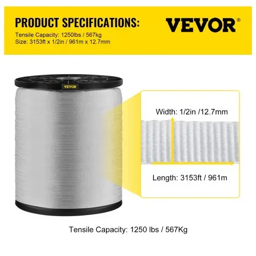VEVOR 567 kg Polyester-Zugband, 961 m x 12,7 mm flaches Band für Draht- und Kabelrohrarbeiten, variable Funktionen, flaches Seil zum Ziehen/Laden/Verpacken bei jedem Wetter – Bild 6