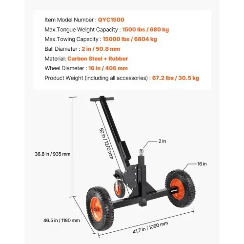 VEVOR 2-in-1-Anhängerwagen, Rangierhilfe Anhänger, 680,4 kg Stützlast, 56 und 66 cm einstellbare Höhe, 50,8 mm Kupplungskugel, 38 cm Luftreifen, zum Bewegen von Wohnmobilanhängern – Bild 6