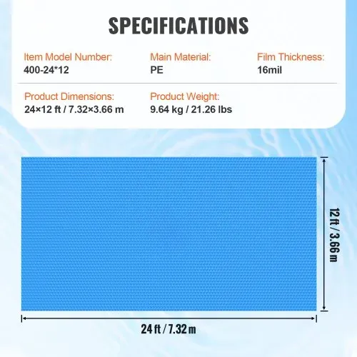 VEVOR Solar-Poolabdeckung, 7,32 x 3,66 m rechteckige Solardecke für Pools, Solarabdeckung für oberirdische Schwimmbecken, 16 mil Solarabdeckungen blau – Bild 6