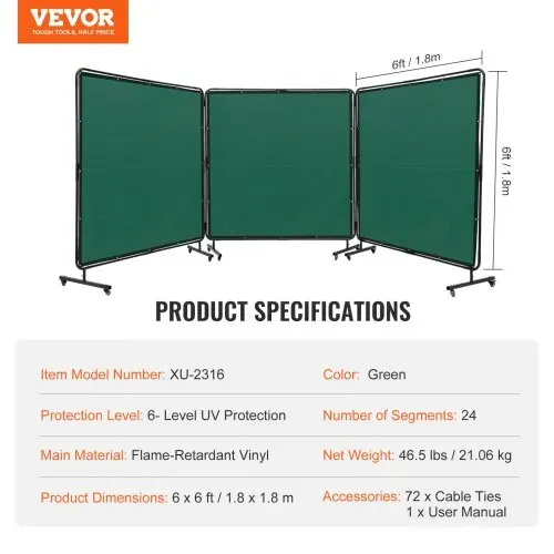 VEVOR 3-Panel-Schweißvorhang 1,8 x 1,8m Schweißschutzvorhang aus Flammhemmendem Vinyl Schweißschutzwand mit 6 Schwenkrädern und einem 6-stufigen UV-Schutz Schweißerdecke Schweißschutz Grün – Bild 6
