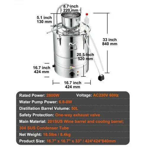 VEVOR Wasser Alkohol Destillierer 50 L Distillieranlage 2800 W Edelstahl Schnapsbrennen Destilliergerät Komplettes Set Enthalten, Ende Produkte Obstweinen, Whisky, Schnaps, Champagner, Wodka usw. – Bild 6