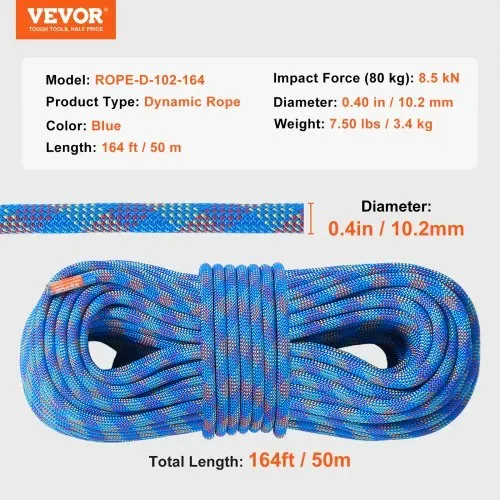 VEVOR 10,2 mm dynamisches Kletterseil, 50 m (164 Fuß) Outdoor-Kletterseil, 25 kN Bruchspannung, dehnbares Faserseil mit Stahlkarabinerhaken für Flucht, Abseilen, Brandrettung, Blau – Bild 6