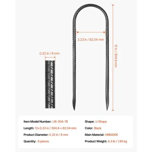 VEVOR Bodenanker, 304,8x82,04 mm, U-Typ mit 8 mm Durchmesser, verzinkte Zeltheringe, Erdanker, Erdnägel, Heringe, für Zelten, Vordächern, Camping, Trampolin, Blumenständer (8er-Pack) – Bild 6