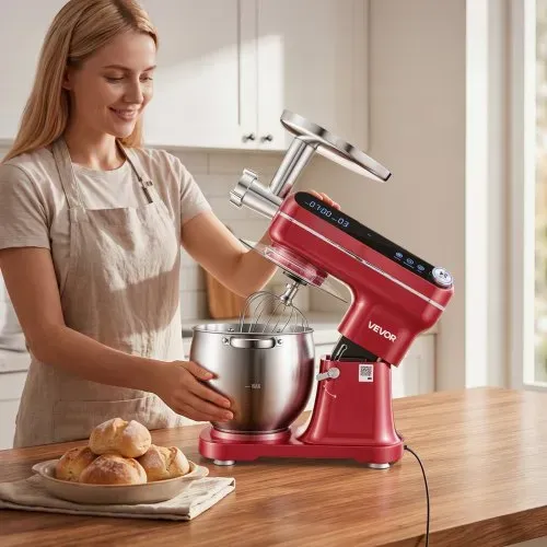 VEVOR Multifunktionale Küchenmaschine mit Kippkopf 7 L 2 in 1 1000 W Rot, Rührmaschine für Teig Sahne Rührteig und Fleisch, Knetmaschine mit Rührschüssel Knethaken Rührbesen und Schneebesen – Bild 7