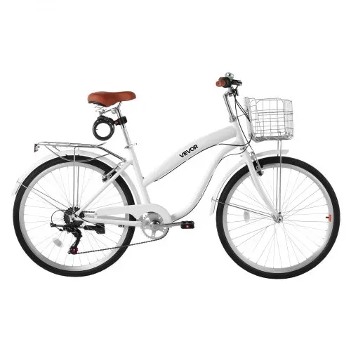 VEVOR Damenfahrrad 26 Zoll Cruiser-Fahrrad 150 kg 7-Gang Citybike Weiß, für Pendelfahrten Besorgungen und Strandfahrten, mit Doppelten V-Bremsen, 50 kg Gepäckträger, Schutzblechen und Werkzeugsatz – Bild 9