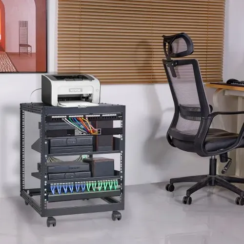 VEVOR 12U-Server-Rack mit offenem Rahmen 58.5-101.6cm verstellbare Tiefe freistehender/wandmontierter Netzwerk-Server-Rack 4-Pfosten-AV-Rack mit Rollen für Ihre gesamte Netzwerk-IT-Ausrüstung AV-Ausrüstung – Bild 7