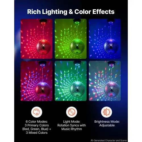VEVOR Spiegelkugel Discokugel Mirrorball 300 mm mit Motor Fernbedienung LED, für Partys Heimdekoration Bühnen DJ- & Tanzclubs RGB plus 3 Mischfarben 0/3/6/9/12/15 U/min USB-Anschluss & Batteriebetrieb – Bild 3