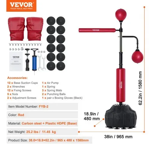 VEVOR Box-Speed-Trainer, Boxsack mit Ständer, Reflex-Boxsack für Jugendliche & Erwachsene, Höhenverstellbares Freistehendes Schlagsack-Set mit Handschuhen, Workout-Speed-Bag für Training Rot – Bild 6