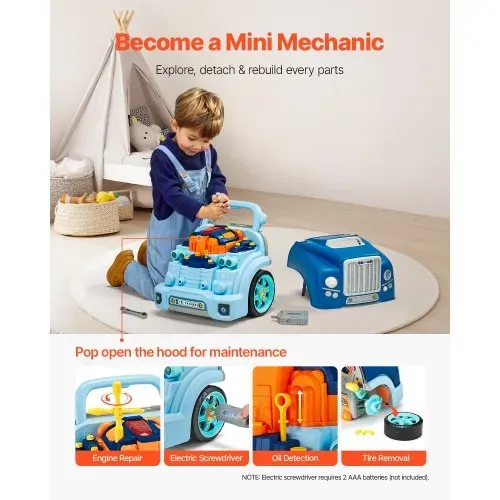 VEVOR Motorspielzeug, 60-teilig, Autoreparaturset für Kinder, mit abnehmbaren Teilen, Lichtern und Geräuschen, Lenkrad und Hupe, Mechaniker-Werkstattset für Kinder für Kleinkinder ab 3 Jahren, Blau – Bild 2