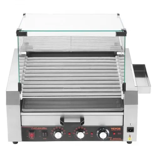 VEVOR Hot Dog Grill Maschine 30 Hot dogs 11 Rollen Edelstahl, 2400 W, Elektrogrill mit Brötchenwärmer & Abdeckung (Glas + PC) & 3 Temperaturregler & seitlicher Aufbewahrungsbox & Ölauffangschale – Bild 8