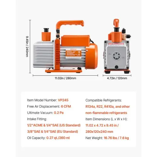 VEVOR Vakuumpumpe, 6 CFM, HVAC 2-stufige Drehschieber-Vakuumpumpe, für R134a R22 R410a-Systeme, Auto-AC-Vakuumpumpen-Kit mit Ölflasche, für die Harzentgasung zur Wartung von Autoklimaanlagen – Bild 6