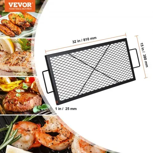VEVOR 810 x 380 x 25 mm X-Marks Feuerstellen-Grillrost, Rechteckiger Grillrost, Lagerfeuer-BBQ-Grillrost aus Stahl mit Griff, Tragbares Camping-Kochgeschirr für Partytreffen im Freien, Schwarz – Bild 6