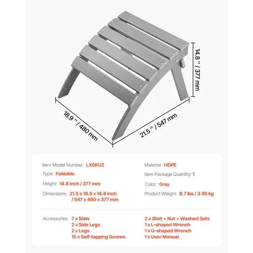 VEVOR Fußstütze für Adirondack-Stühle, 547x480x377 mm, klappbarer Adirondack-Ottomane aus HDPE-Kunststoff, Gartenstuhl, weit verbreitet für Außenbereich, Veranda, Pool, Rasen, Hinterhof, grau – Bild 6