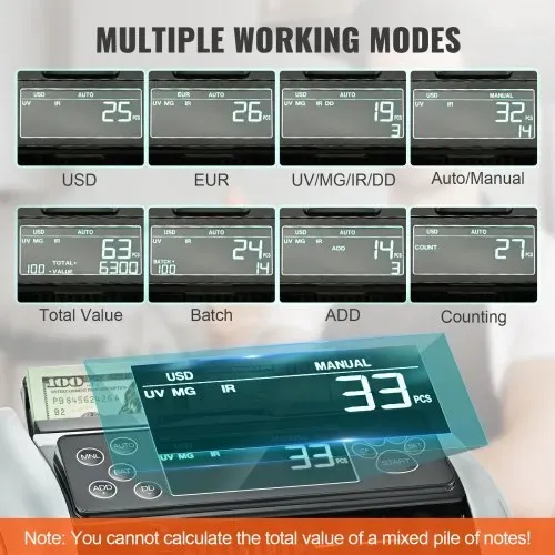 VEVOR Geldzählmaschine, Banknotenzähler mit UV-, MG-, IR- und DD-Falschgelderkennung, USD- und EUR-Geldzählmaschine mit Großem LCD & Externem Display für Kleine Unternehmen – Bild 2
