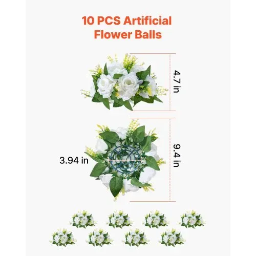 VEVOR Kunstblumen 10 Stück, Blumenkugel-Arrangement-Bouquet, 240 x 240 x 120 mm, Hochzeitsrosen-Tischdekoration, Seidenrosen für Hochzeits-Tisch-& Heimtischdekorationen, weiß – Bild 2