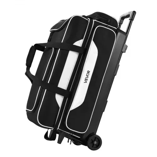 VEVOR Bowlingtasche mit Rollen für 3 Kugeln 600D Oxford Schwarz + Weiß, für Schuhe bis US-Größe 16 und Zubehör, mit Teleskopgriff (bis zu 1016 mm), Doppellagigen Ablagen und Verstärkten Nähten – Bild 10
