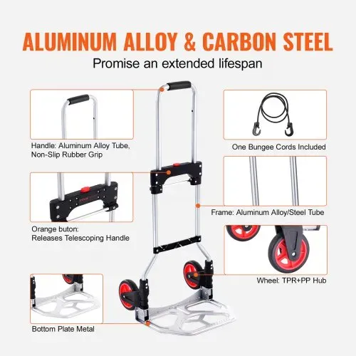 VEVOR Sackkarre Klappbar 80kg Transportkarre aus Aluminiumlegierung und Kunststoff Stapelkarre mit verstellbarem Griff 715-930mm Faltbarer Trolley inkl. Bindeseil kompakte Größe zum Verstauen – Bild 3